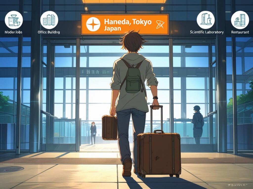 ภาพอนิเมะชายหนุ่มกำลังเดินพร้อมกระเป๋าเดินทางขนาดใหญ่เข้าสู่สนามบินฮาเนดะ กรุงโตเกียว ประเทศญี่ปุ่น ด้านบนมีสัญลักษณ์บ่งบอกประเภทงานและอาชีพต่างๆ เช่น งานทันสมัย, อาคารสำนักงาน, ห้องปฏิบัติการทางวิทยาศาสตร์, และร้านอาหาร สื่อถึงโอกาสการทำงานและการเริ่มต้นชีวิตใหม่ในญี่ปุ่น