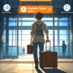 ภาพอนิเมะชายหนุ่มกำลังเดินพร้อมกระเป๋าเดินทางขนาดใหญ่เข้าสู่สนามบินฮาเนดะ กรุงโตเกียว ประเทศญี่ปุ่น ด้านบนมีสัญลักษณ์บ่งบอกประเภทงานและอาชีพต่างๆ เช่น งานทันสมัย, อาคารสำนักงาน, ห้องปฏิบัติการทางวิทยาศาสตร์, และร้านอาหาร สื่อถึงโอกาสการทำงานและการเริ่มต้นชีวิตใหม่ในญี่ปุ่น