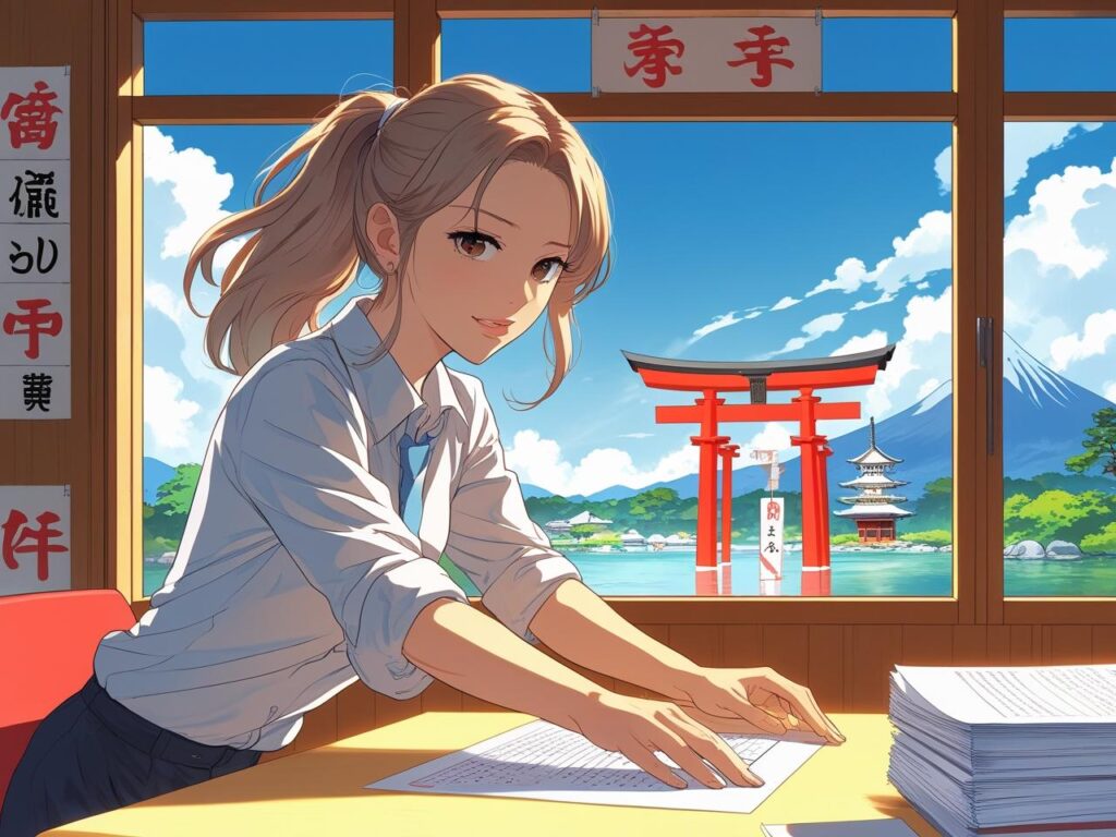 ภาพอนิเมะนักเรียนหญิงกำลังอ่านหนังสืออย่างตั้งใจ เตรียมตัวสอบวัดระดับภาษาญี่ปุ่น โดยมีวิวภูเขาไฟฟูจิ ประตูโทริอิ และเจดีย์ญี่ปุ่นเป็นฉากหลัง