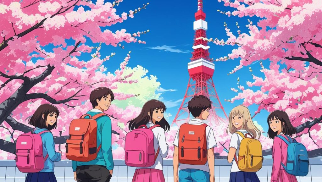 ภาพอนิเมะกลุ่มนักเรียนหรือผู้เดินทางใหม่กำลังยืนสะพายเป้ มองวิวโตเกียวทาวเวอร์ท่ามกลางดอกซากุระบานสะพรั่งในญี่ปุ่น สื่อถึงการเริ่มต้นชีวิตและการใช้ชีวิตในต่างแดน