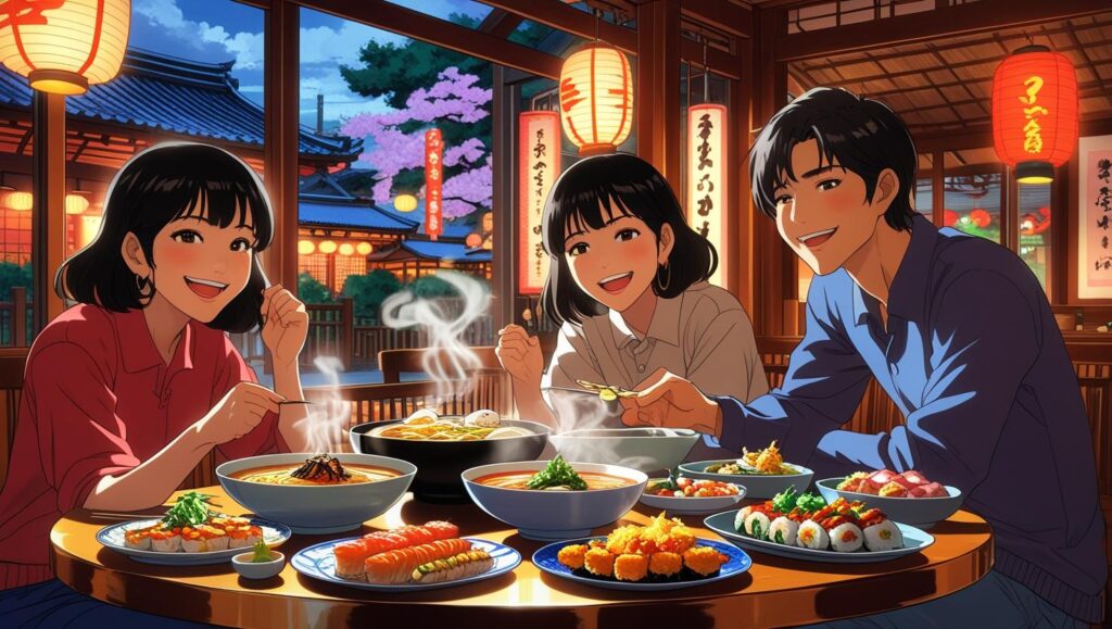 ภาพอนิเมะกลุ่มเพื่อนคนไทย 3 คนกำลังทานอาหารญี่ปุ่นอย่างมีความสุข ทั้งราเมง ซูชิ และเทมปุระ ในร้านอาหารญี่ปุ่นสไตล์ดั้งเดิมยามค่ำคืน มองเห็นโคมไฟและต้นซากุระนอกหน้าต่าง