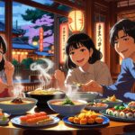 ภาพอนิเมะกลุ่มเพื่อนคนไทย 3 คนกำลังทานอาหารญี่ปุ่นอย่างมีความสุข ทั้งราเมง ซูชิ และเทมปุระ ในร้านอาหารญี่ปุ่นสไตล์ดั้งเดิมยามค่ำคืน มองเห็นโคมไฟและต้นซากุระนอกหน้าต่าง