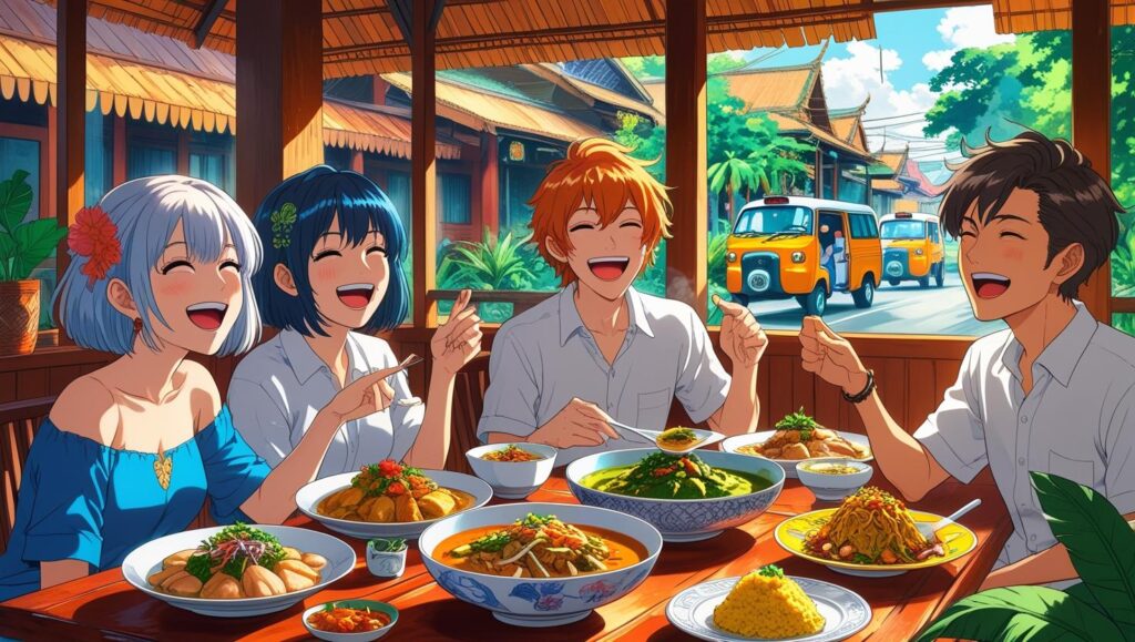アニメスタイルのイラスト。タイのオープンエアレストランで、笑顔の日本人観光客4人が、美味しそうなタイ料理を囲んで楽しそうに食事をしている様子。背景にはタイの伝統的な建物と賑やかな街並み、ソンテウが見える。