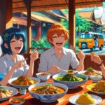 アニメスタイルのイラスト。タイのオープンエアレストランで、笑顔の日本人観光客4人が、美味しそうなタイ料理を囲んで楽しそうに食事をしている様子。背景にはタイの伝統的な建物と賑やかな街並み、ソンテウが見える。