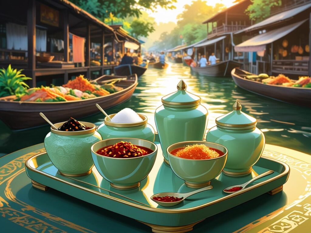 アニメスタイルのイラスト。活気あるタイの水上マーケットを背景に、食欲をそそる本格的なタイの調味料（ナムプラープリック、チリ酢、砂糖、唐辛子粉）が美しいセラドン焼きの器に盛られたセットが手前に鮮やかに描かれています。タイ料理の文化と魅力を伝える画像。
