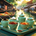 アニメスタイルのイラスト。活気あるタイの水上マーケットを背景に、食欲をそそる本格的なタイの調味料（ナムプラープリック、チリ酢、砂糖、唐辛子粉）が美しいセラドン焼きの器に盛られたセットが手前に鮮やかに描かれています。タイ料理の文化と魅力を伝える画像。