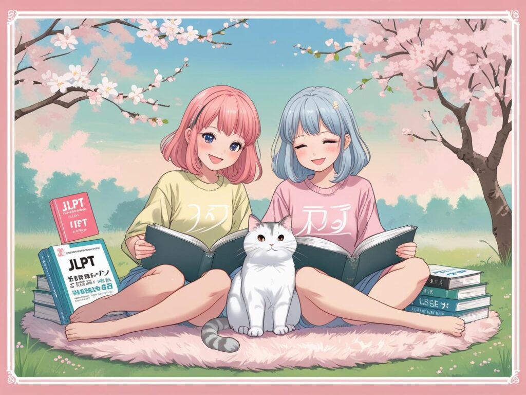 นักเรียนหญิงสองคนกำลังนั่งอ่านหนังสือสอบ JLPT และ JFT ใต้ต้นซากุระในสไตล์อนิเมะ มีแมวสีขาวนั่งอยู่ตรงกลาง บรรยากาศเป็นมิตรและสดใส
