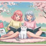 นักเรียนหญิงสองคนกำลังนั่งอ่านหนังสือสอบ JLPT และ JFT ใต้ต้นซากุระในสไตล์อนิเมะ มีแมวสีขาวนั่งอยู่ตรงกลาง บรรยากาศเป็นมิตรและสดใส
