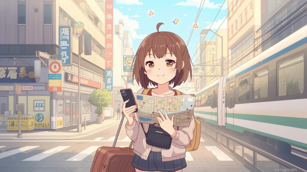 Anime illustration of a new girl in Japan holding a smartphone and map, standing near a Japanese train station – Friends Japan article about essential apps for newcomers.
