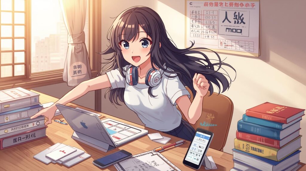 Anime-style illustration of a motivated young woman studying Japanese with an iPad, iPhone, textbooks, and headphones in a bright cozy room.