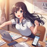 Anime-style illustration of a motivated young woman studying Japanese with an iPad, iPhone, textbooks, and headphones in a bright cozy room.