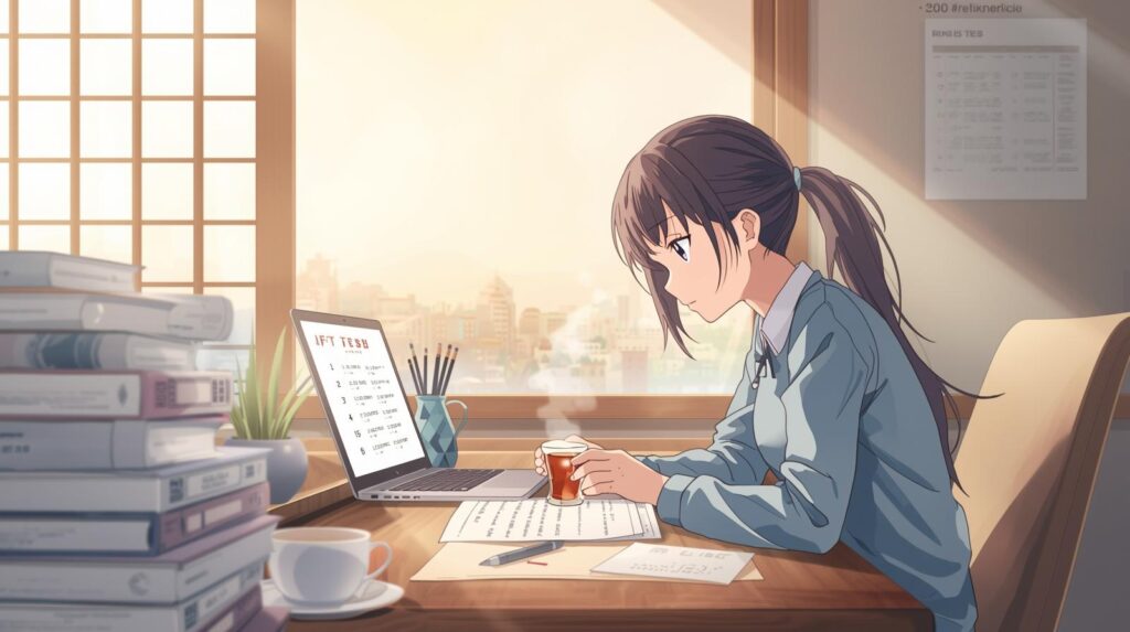 Anime girl studying for the JFT Japanese language exam at a desk with books and a laptop
