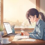 Anime girl studying for the JFT Japanese language exam at a desk with books and a laptop