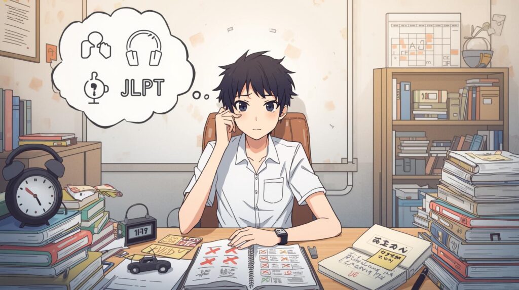 Anime illustration of a male student studying for the JLPT exam at a messy desk, thinking about common mistakes and how to improve.