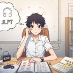 Anime illustration of a male student studying for the JLPT exam at a messy desk, thinking about common mistakes and how to improve.