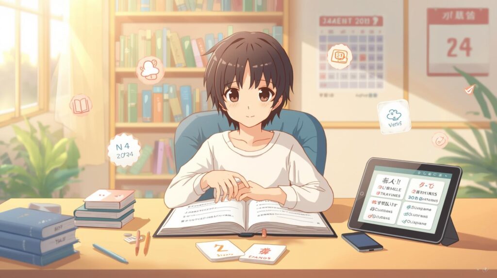 Anime-style illustration of a Japanese learner studying JLPT N4 verbs with textbooks and digital flashcards on a tablet.