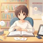 Anime-style illustration of a Japanese learner studying JLPT N4 verbs with textbooks and digital flashcards on a tablet.