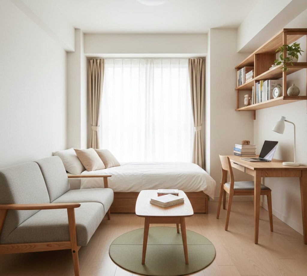 Minimal Japanese apartment room with bed, sofa, study desk, and natural light ideal for students and workers in Japan