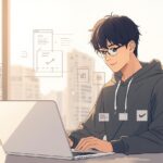 Anime-style illustration of a male web designer in Japan wearing a hoodie, representing a career transition from SSW1 to International Services visa. TH