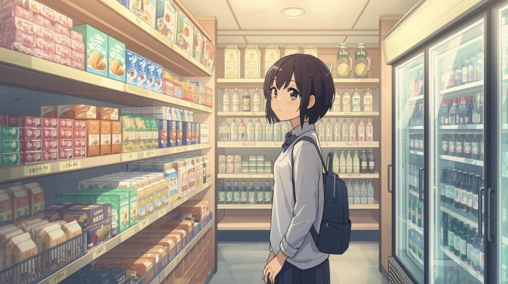 Anime-style Japanese convenience store scene with a young woman shopping for food and drinks