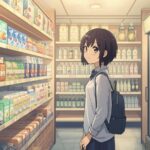 Anime-style Japanese convenience store scene with a young woman shopping for food and drinks