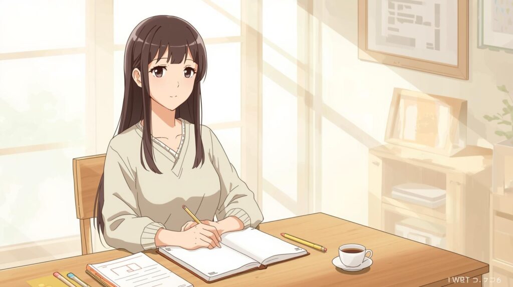 Anime style illustration of a Japanese woman studying at a desk in a warm, calm room, representing a gentle start to learning Japanese from zero