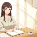 Anime style illustration of a Japanese woman studying at a desk in a warm, calm room, representing a gentle start to learning Japanese from zero