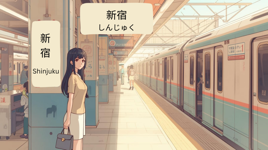 Anime-style illustration of Shinjuku Station platform with Japanese word 新宿 (しんじゅく) and English reading Shinjuku