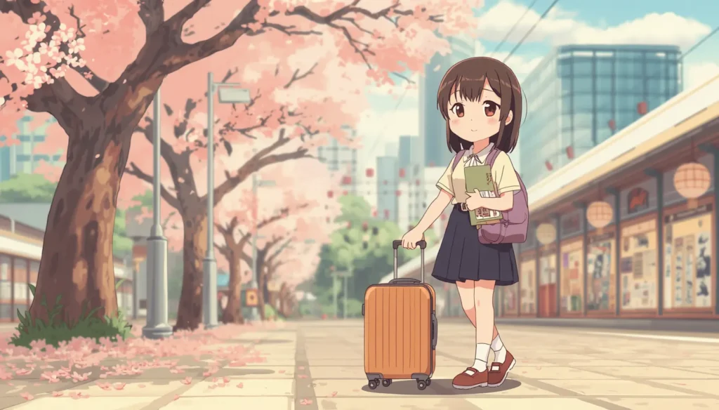 เตรียมตัวมาเรียนญี่ปุ่น นักเรียนหญิงถือกระเป๋าเดินทางในญี่ปุ่น