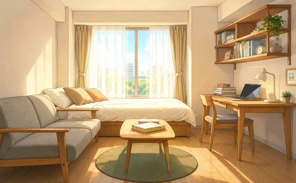 Anime style cozy apartment room in Japan for students and workers